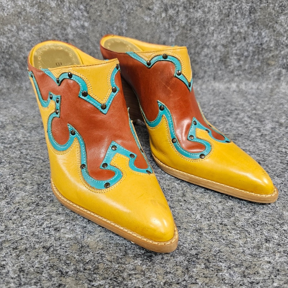 Vintage BCBGIRLS Western Leather Wedge Mules Yellow Brown Turquoise Studded 7.5B
